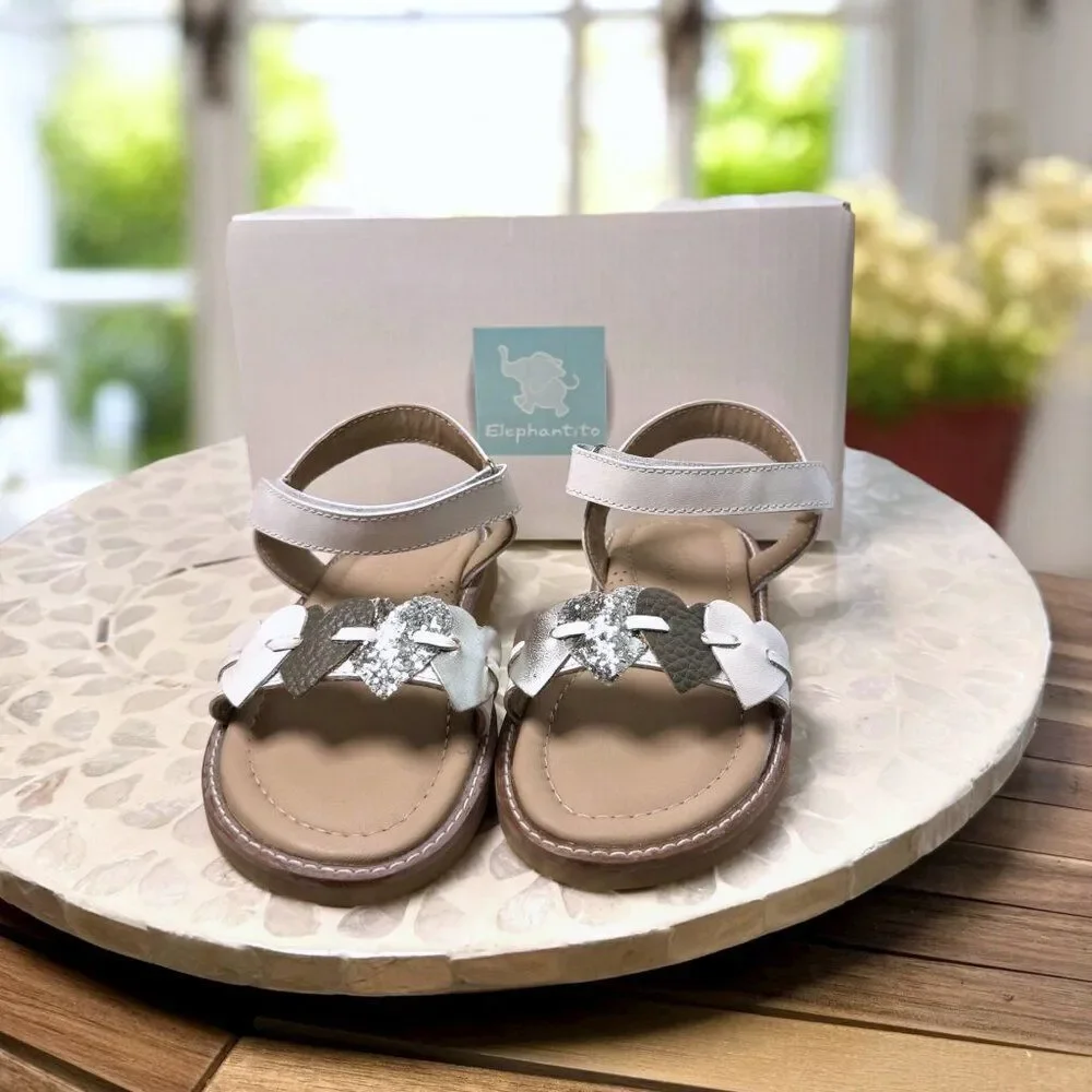Elephantito Caro Cuore Leather Sandal Girls White Silver Hearts Size 10 EU 26